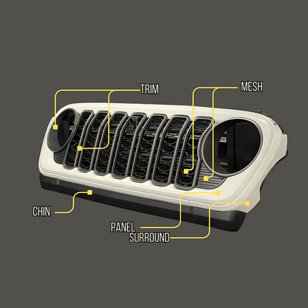 2024 Mopar grille with labeled grille sections that can be painted on a dark background