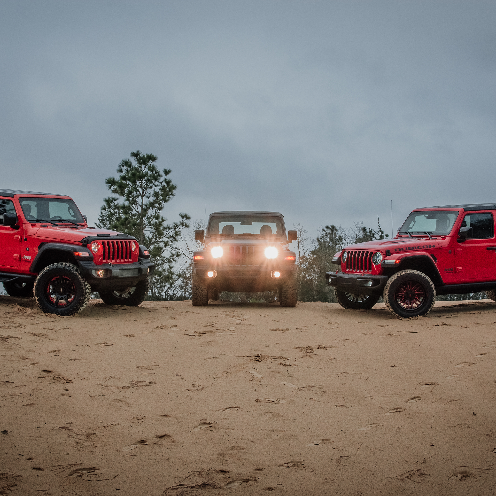 Three off-road jeeps with painted parts by distinction applied