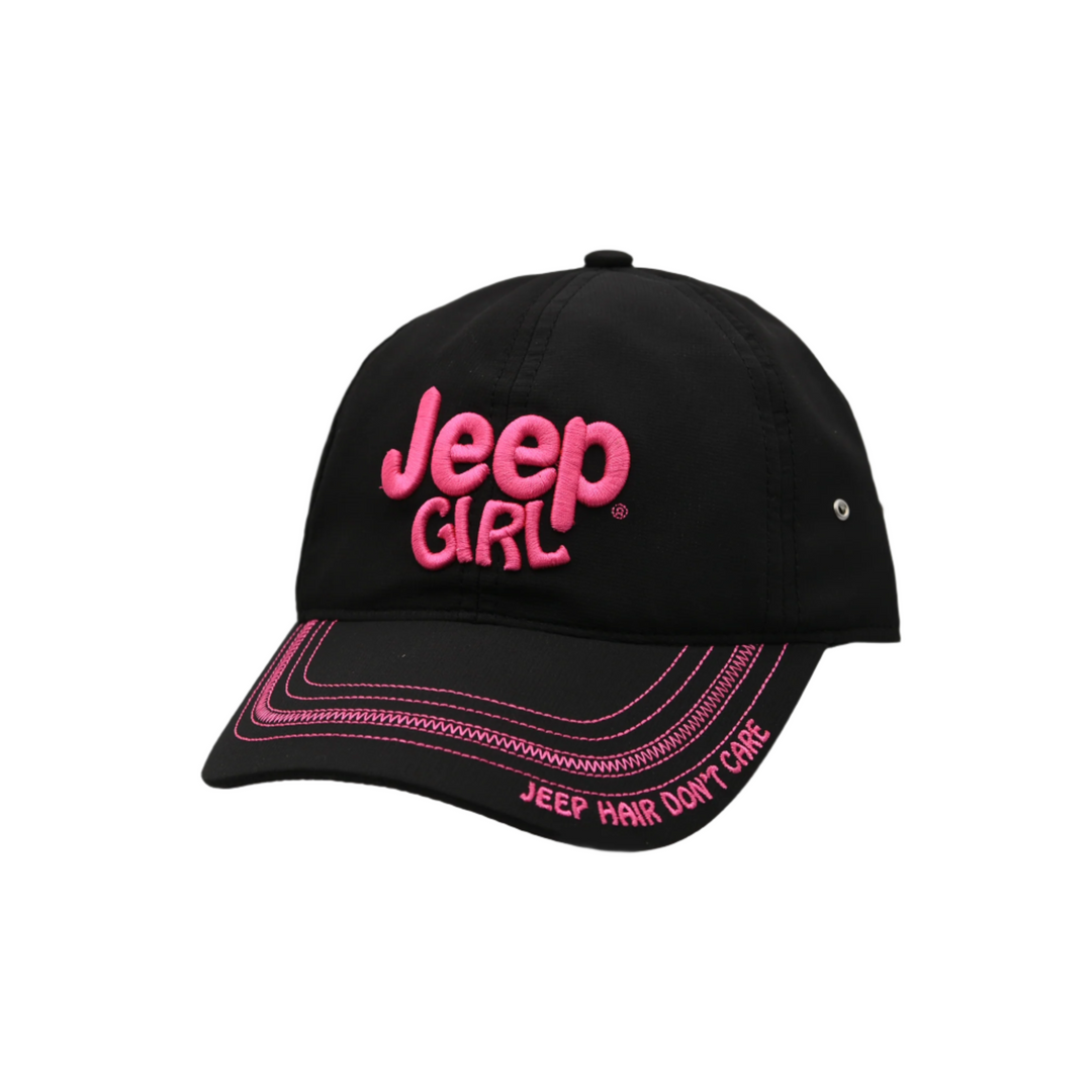 Black Baseball Cap with 3D Pink Jeep Girl embroidery and Jeep Hair Don't Care on the brim in pink stitching