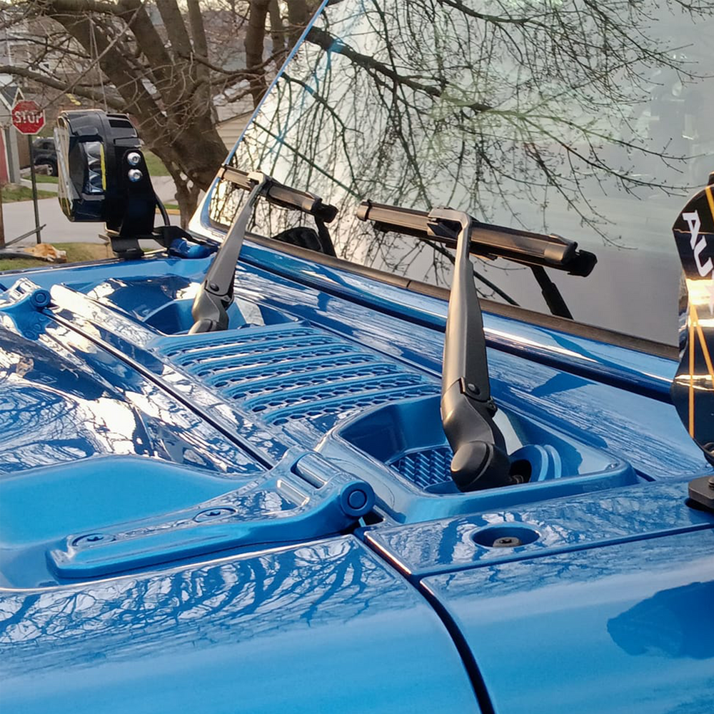 Close up of Hydro Blue OEM Jeep Wrangler Cowl Wiper Panel painted by Distinction Applied