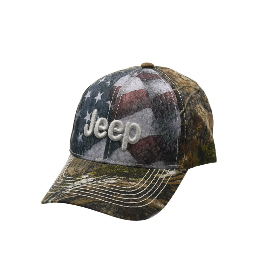 American Flag and Camo Licensed Jeep Logo embroidered baseball cap with white stitching on bill