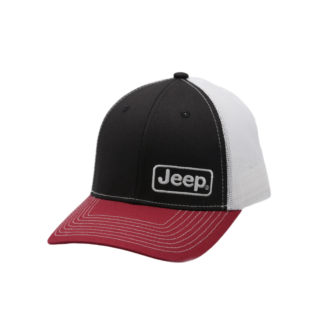 Red Bill, Black Face, White Mesh Patriotic Baseball Cap with Jeep Logo Patch