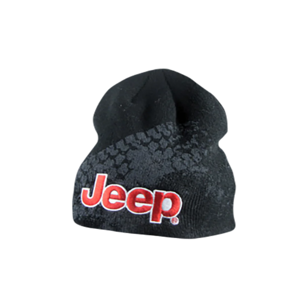 Tire Track Print on Black Beanie with Embroidered Jeep Red and White Logo