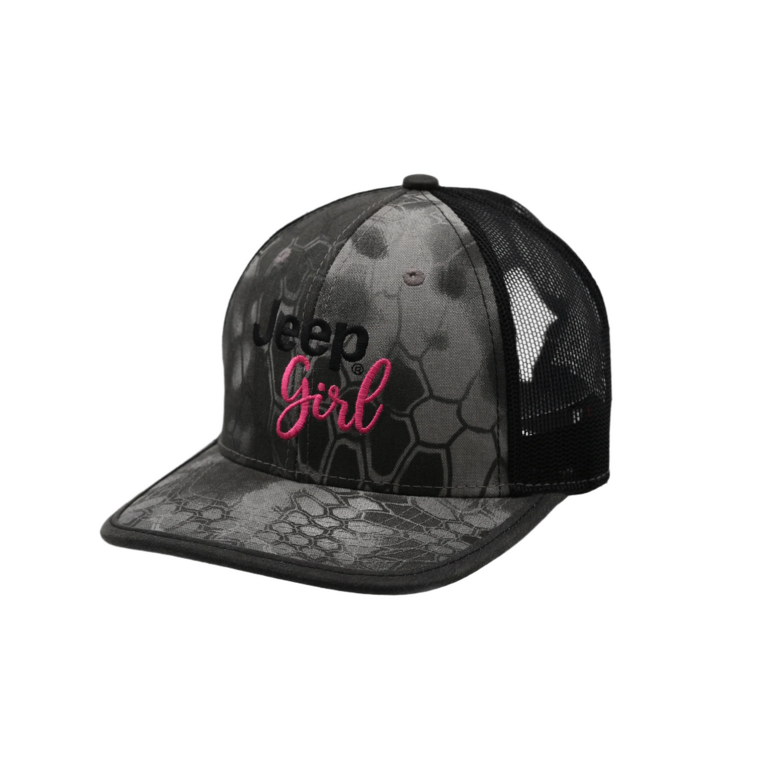 Black/gray Kryptek Camo hat with Jeep Girl embroidered in black and pink