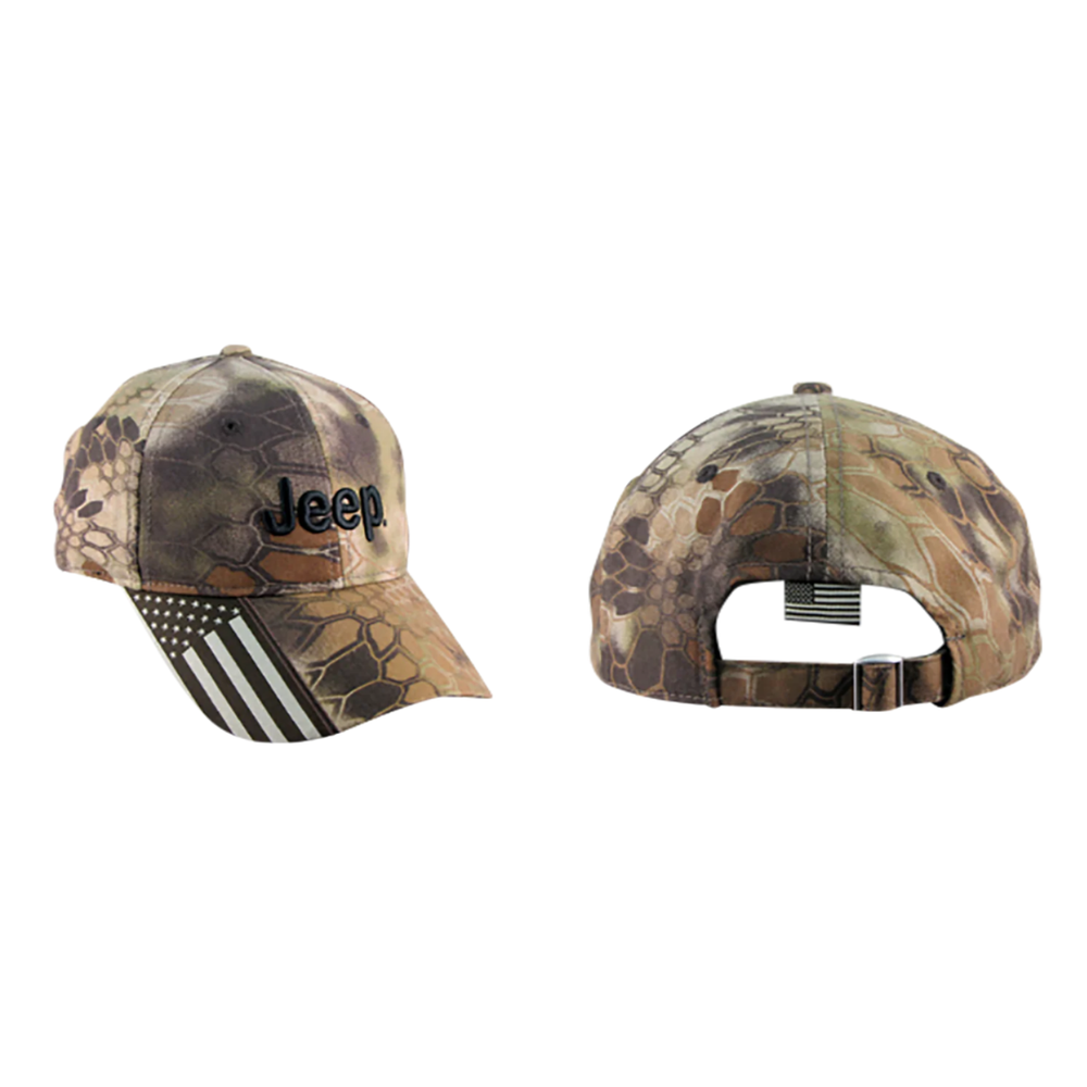 Embroidered Jeep Logo 3D Puff and American Flag, Camo color front view  (jpkhz)