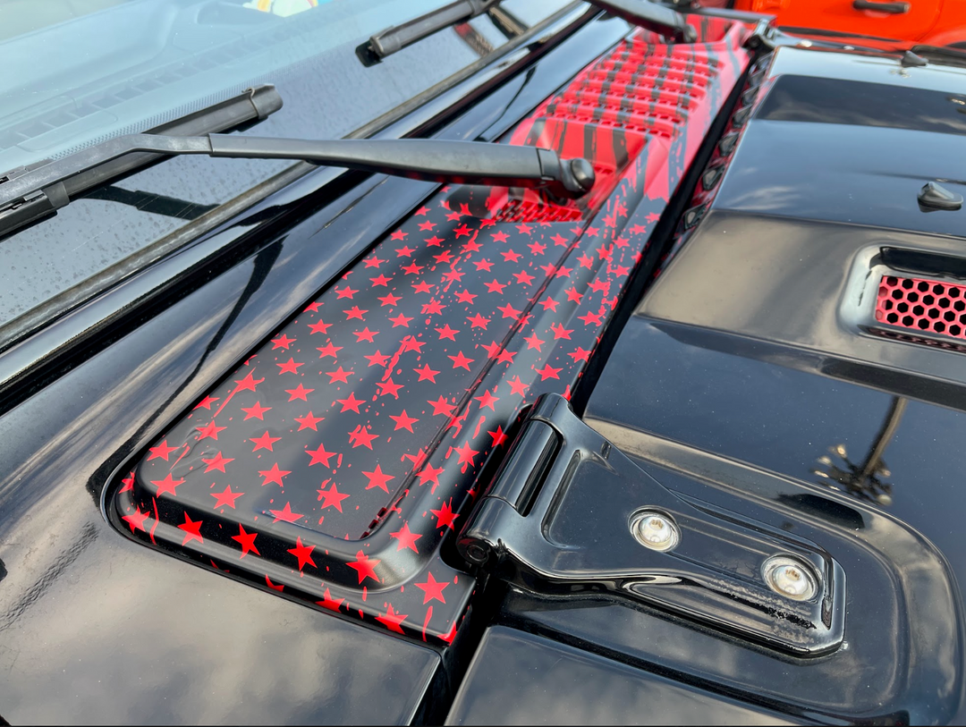 Cowl Wiper Panel Hydrographic Firecracker Red Tattered Flag Design