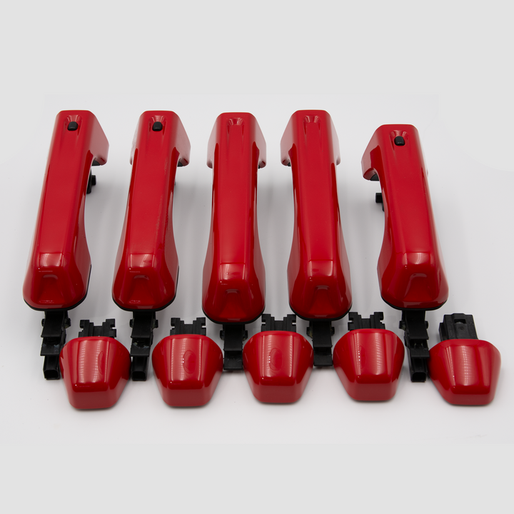 4-door Firecracker Red custom painted keyless proximity door handles with buttons for Wrangler JL, 5 handles