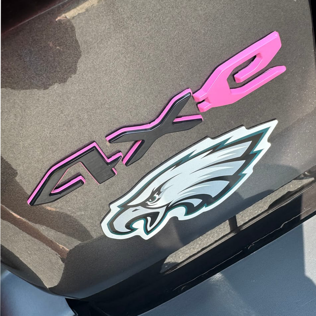 4xe Jeep rear tailgate emblem in metallic pink custom color by Distinction Applied
