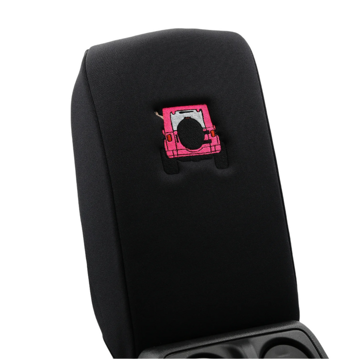 Black console cover with light pink color-matched Jeep rear end and black tire cover