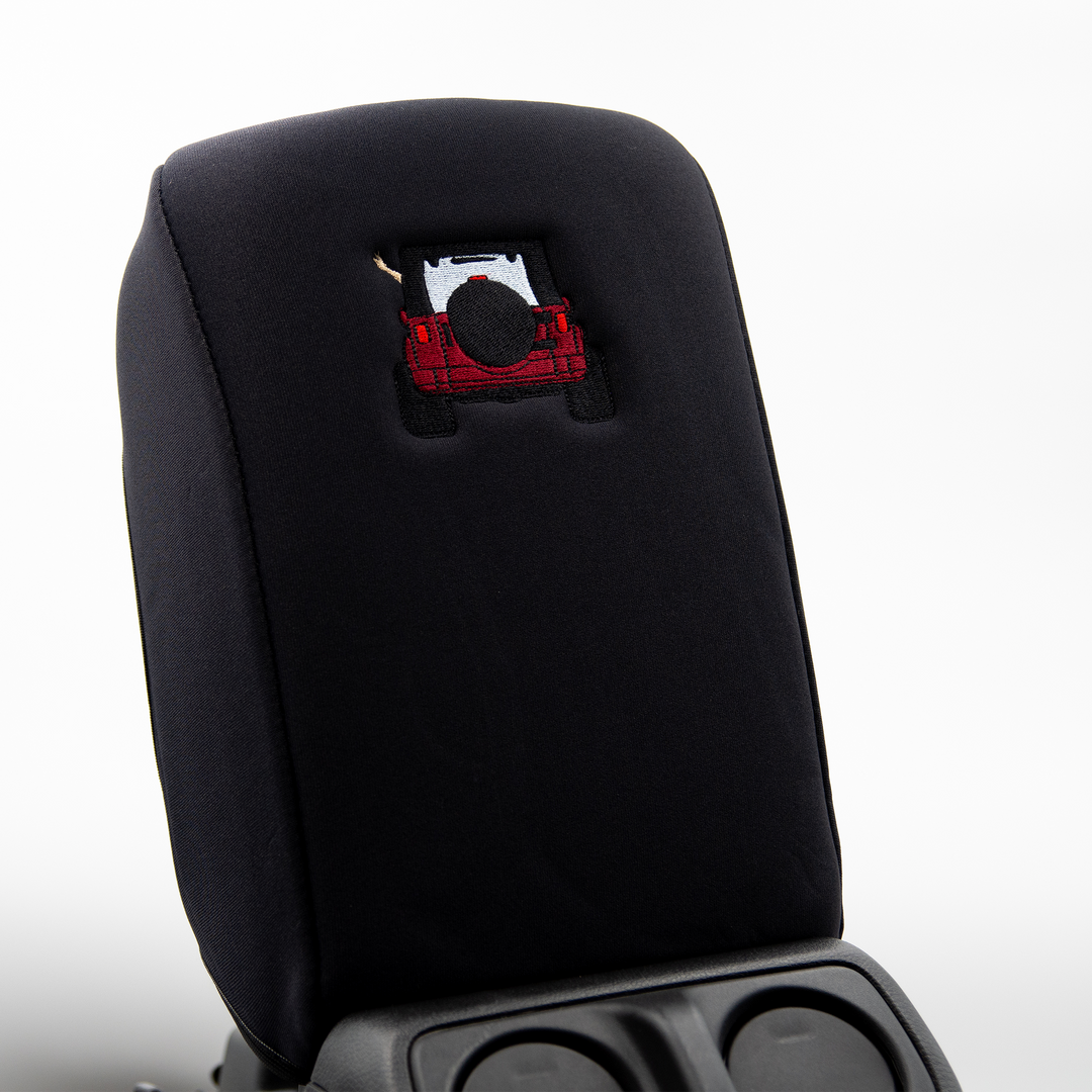 Black Armrest Console Cover Jeep Rear End Deep Red with Black Top