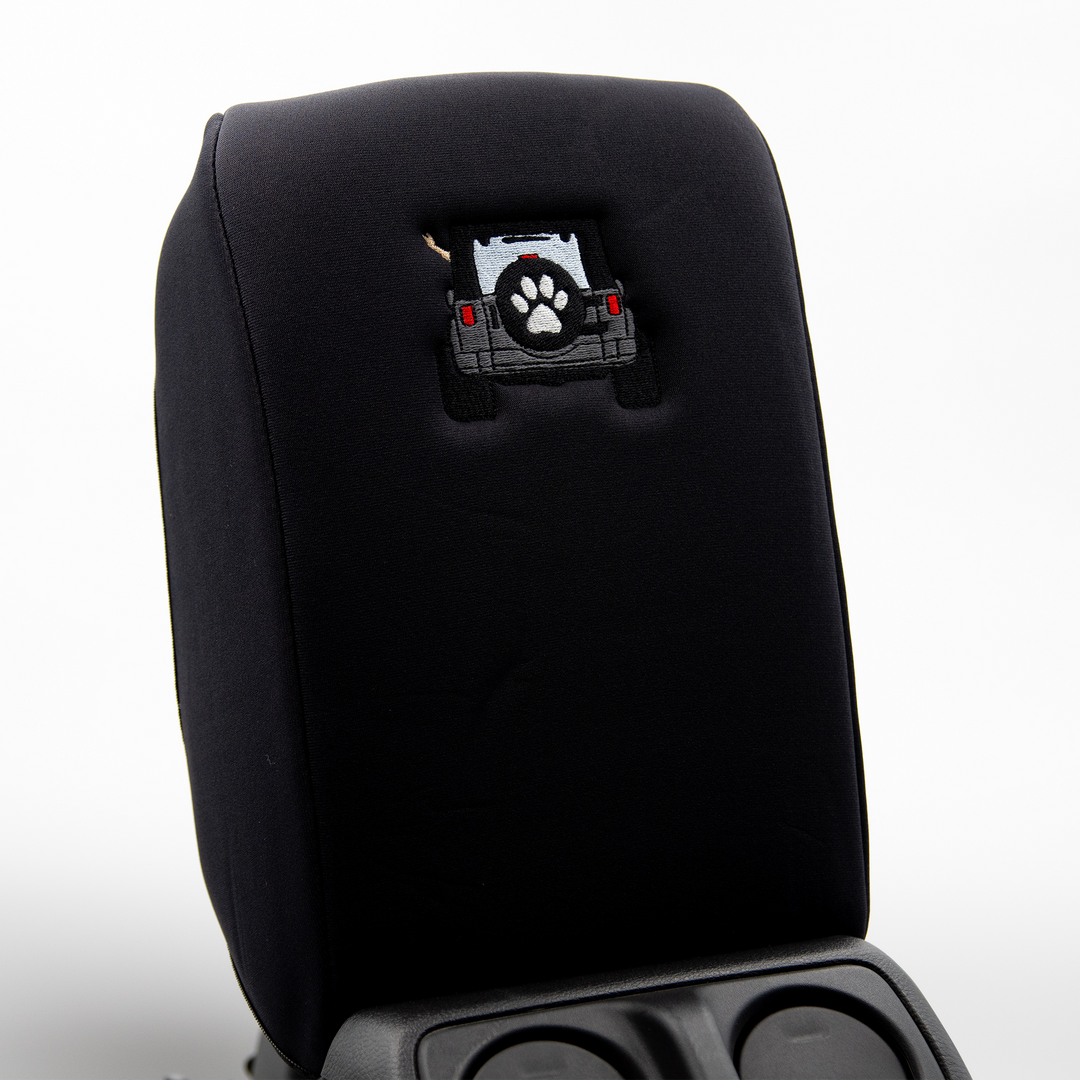 Black Armrest Cover, Gray Jeep Rear End with Black Top Paw Print Tire Cover