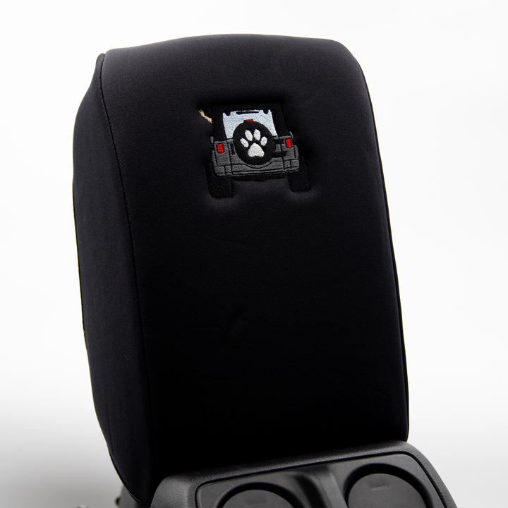 Black Armrest Cover, Gray Jeep Rear End with Black Top Paw Print Tire Cover