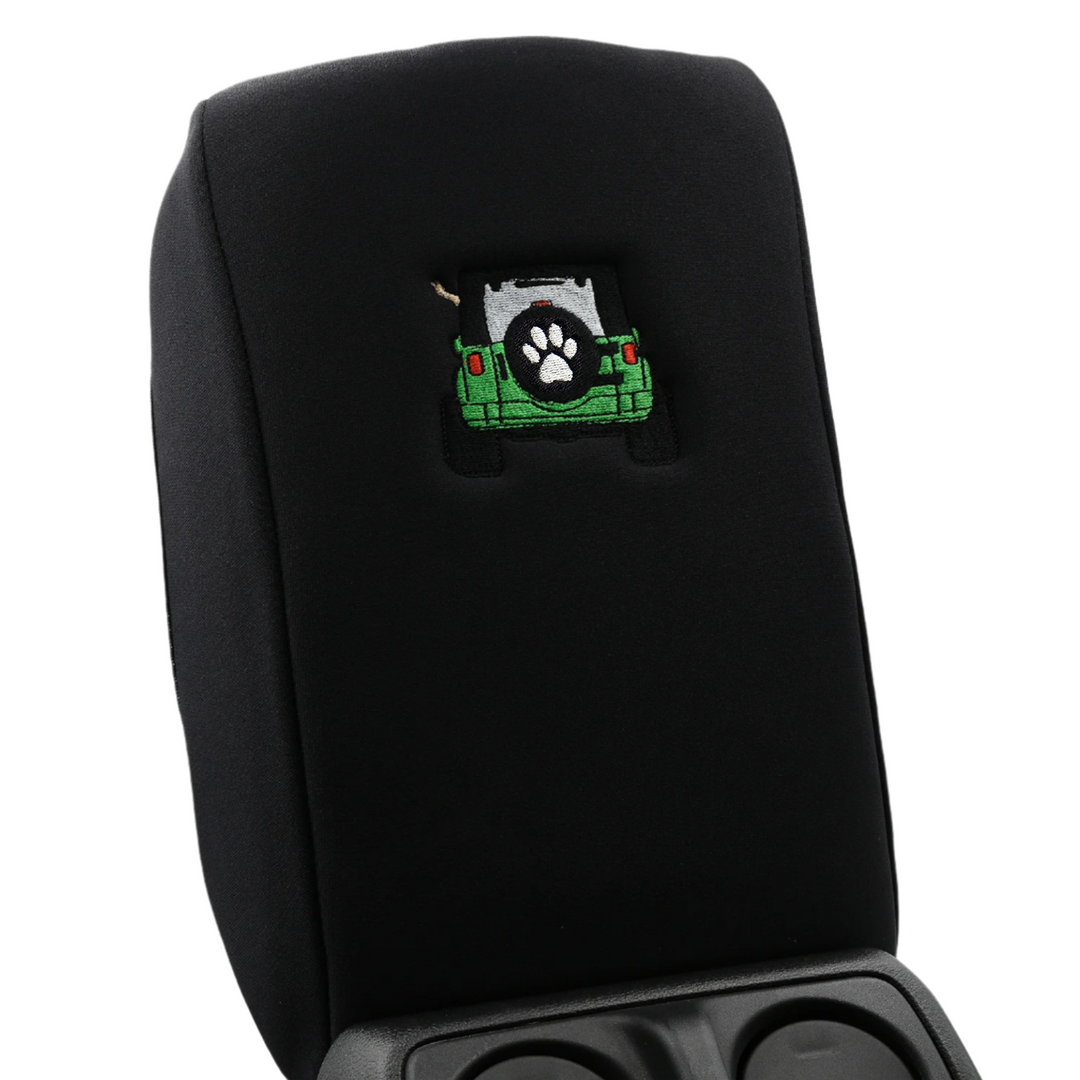 Black Armrest Cover, Green Jeep Rear End with Black Top Paw Print Tire Cover