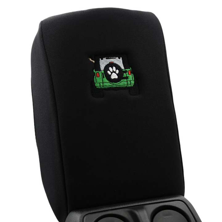 Black Armrest Cover, Green Jeep Rear End with Black Top Paw Print Tire Cover