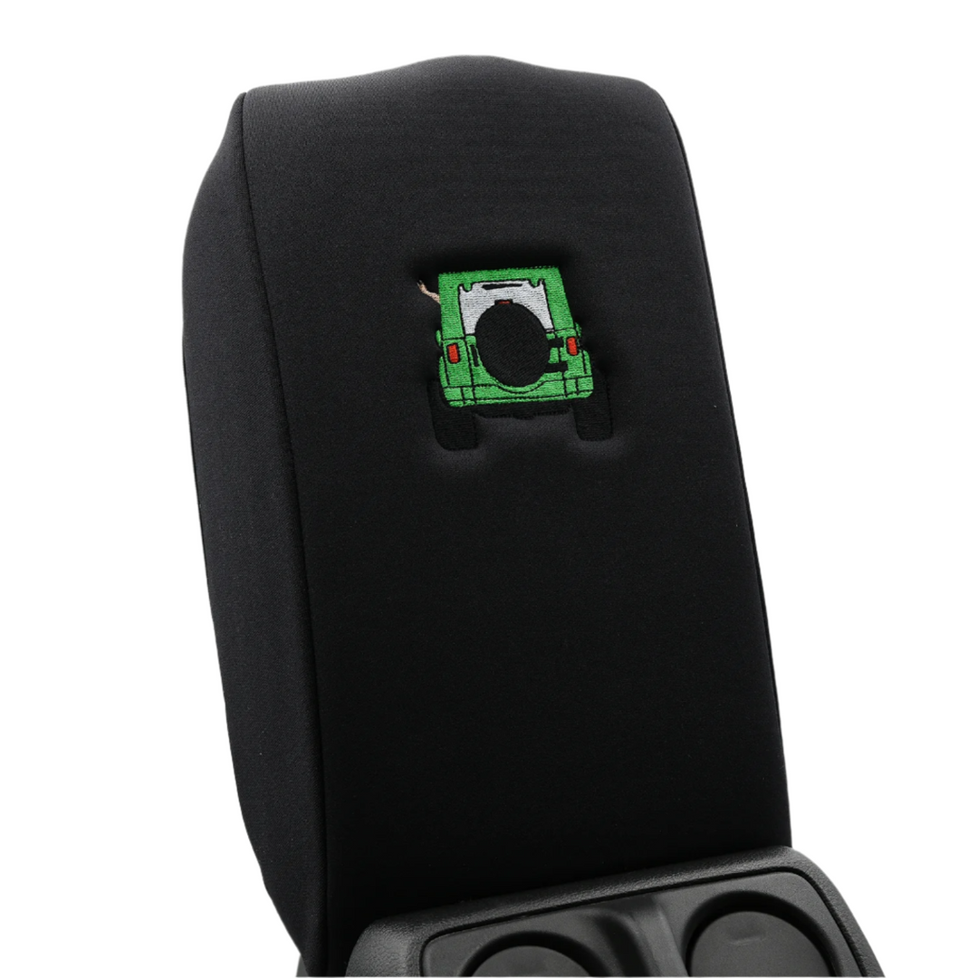Black console cover with green color-matched Jeep rear end and black tire cover