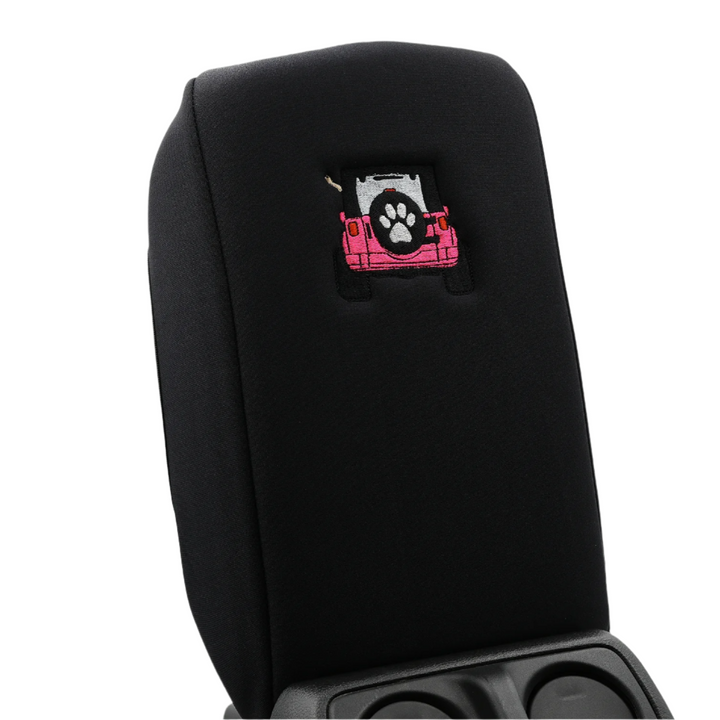 Embroidered Center Console Armrest Cover "Jeep Rear End Black Top Paw Print"