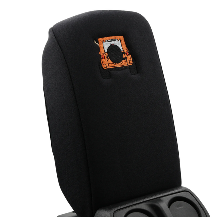 Black console cover with orange color-matched Jeep rear end and black tire cover
