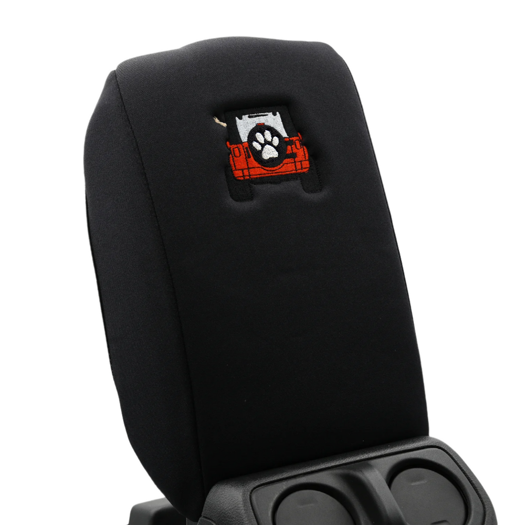 Black Armrest Cover, Red Jeep Rear End with Black Top Paw Print Tire Cover