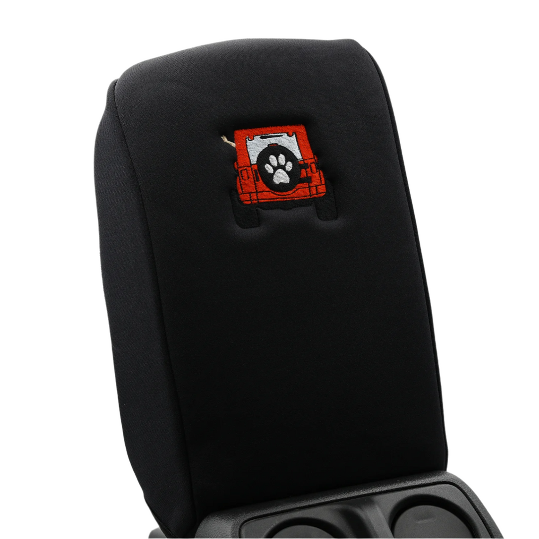 Embroidered Center Console Armrest Cover "Jeep Rear End Color Top Paw Print"