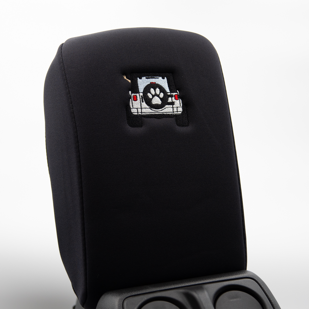 Black Armrest Cover, White Jeep Rear End with Black Top Paw Print Tire Cover