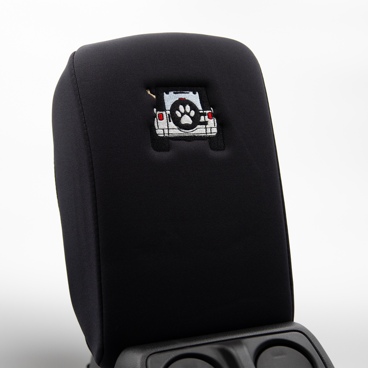 Black Armrest Cover, White Jeep Rear End with Black Top Paw Print Tire Cover