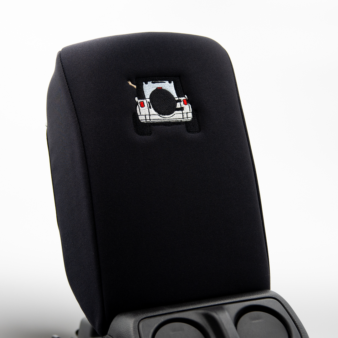 Black Armrest Console Cover Jeep Rear End White with Black Top