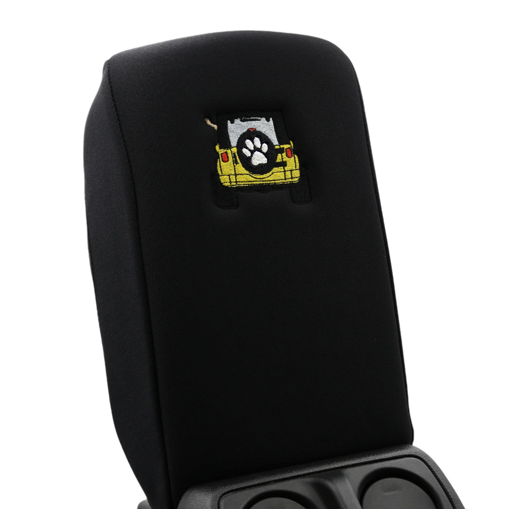 Black Armrest Cover, Yellow Jeep Rear End with Black Top Paw Print Tire Cover