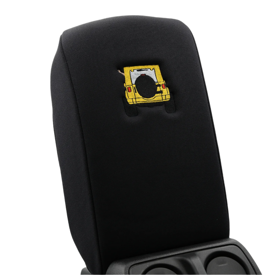 Black console cover with yellow color-matched Jeep rear end and black tire cover