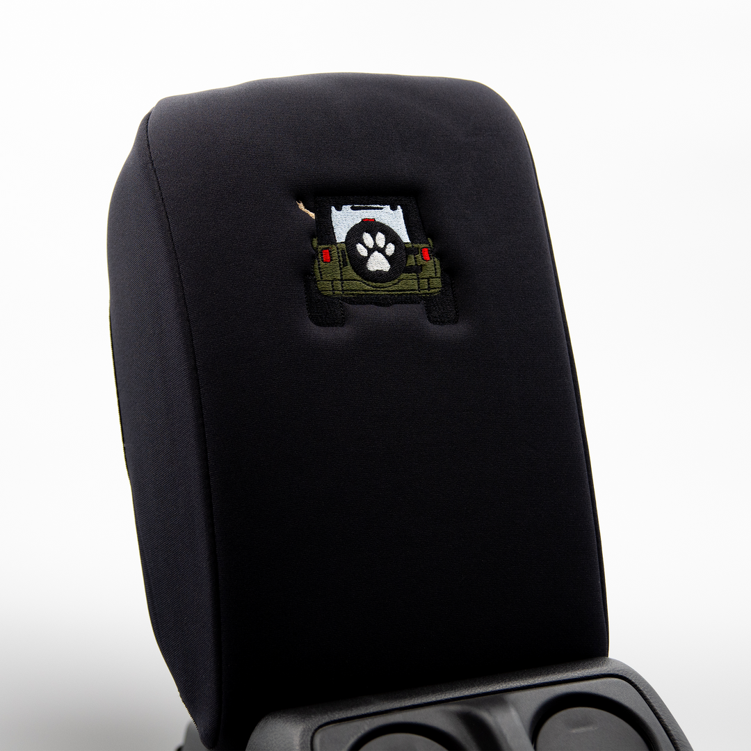 Black Armrest Cover, Army Green Jeep Rear End with Black Top Paw Print Tire Cover