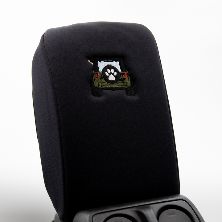 Black Armrest Cover, Army Green Jeep Rear End with Black Top Paw Print Tire Cover