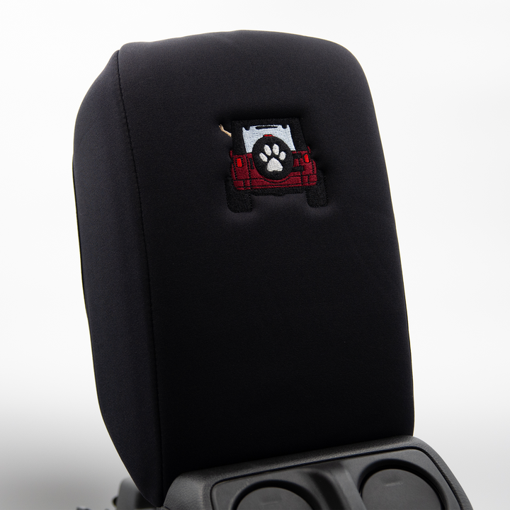 Black Armrest Cover, Deep Red Jeep Rear End with Black Top Paw Print Tire Cover