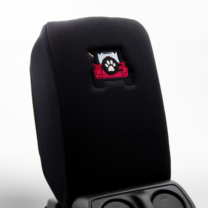 Black Armrest Console Cover with Black Jeep Top and Pink Jeep Rear End with paw print on tire cover