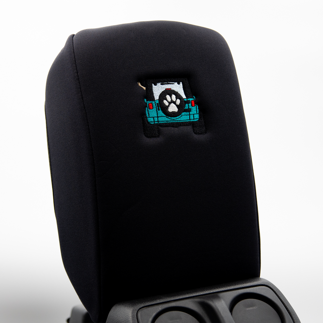 Black Armrest Cover, Teal Jeep Rear End with Black Top Paw Print Tire Cover