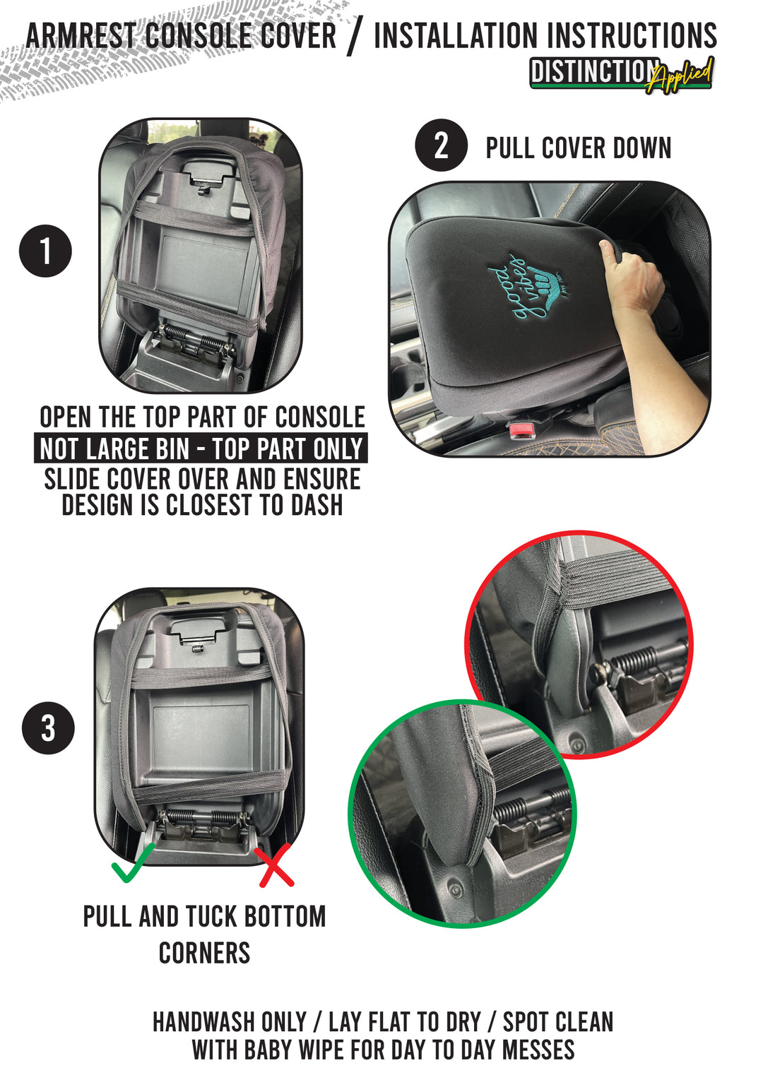 Installation Instructions for a Distinction Applied Armrest Console Cover: A Step-by-Step Guide with Close-Up Details.