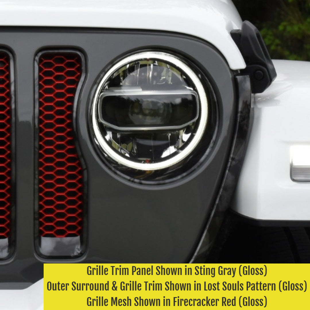 Mopar OEM Gladiator Front Grille Trim panel Hydrographic Lost Soulz pattern, Sting-Gray color, firecracker red mesh in Gloss Finish