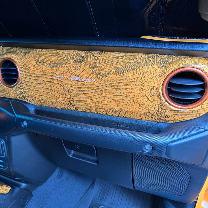 Jeep Wrangler dash panel featuring a gator skin pattern with Nacho base color