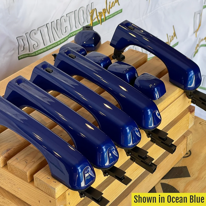 JLU Wrangler 4-Door Keyless entry door handles with buttons, paint-matched in Ocean blue with a gloss finish. 5 handles