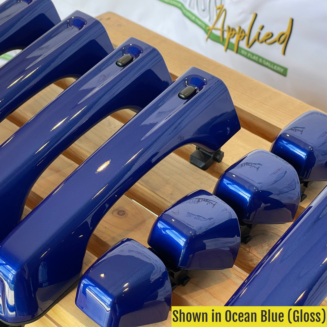 JL 4-Door keyless entry buttons on paint-matched door handles in Ocean blue with gloss finish. Set of 5 handles