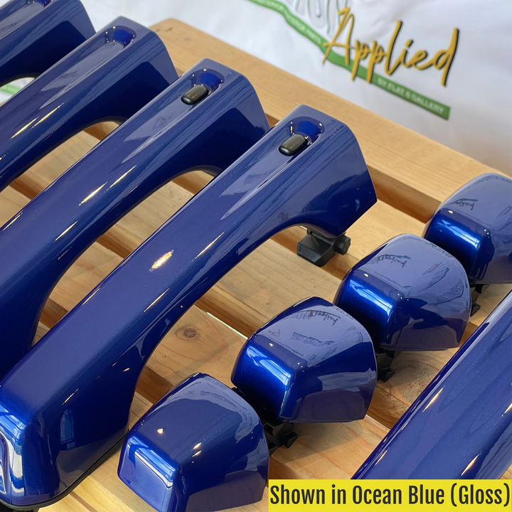 JL 4-Door keyless entry buttons on paint-matched door handles in Ocean blue with gloss finish. Set of 5 handles