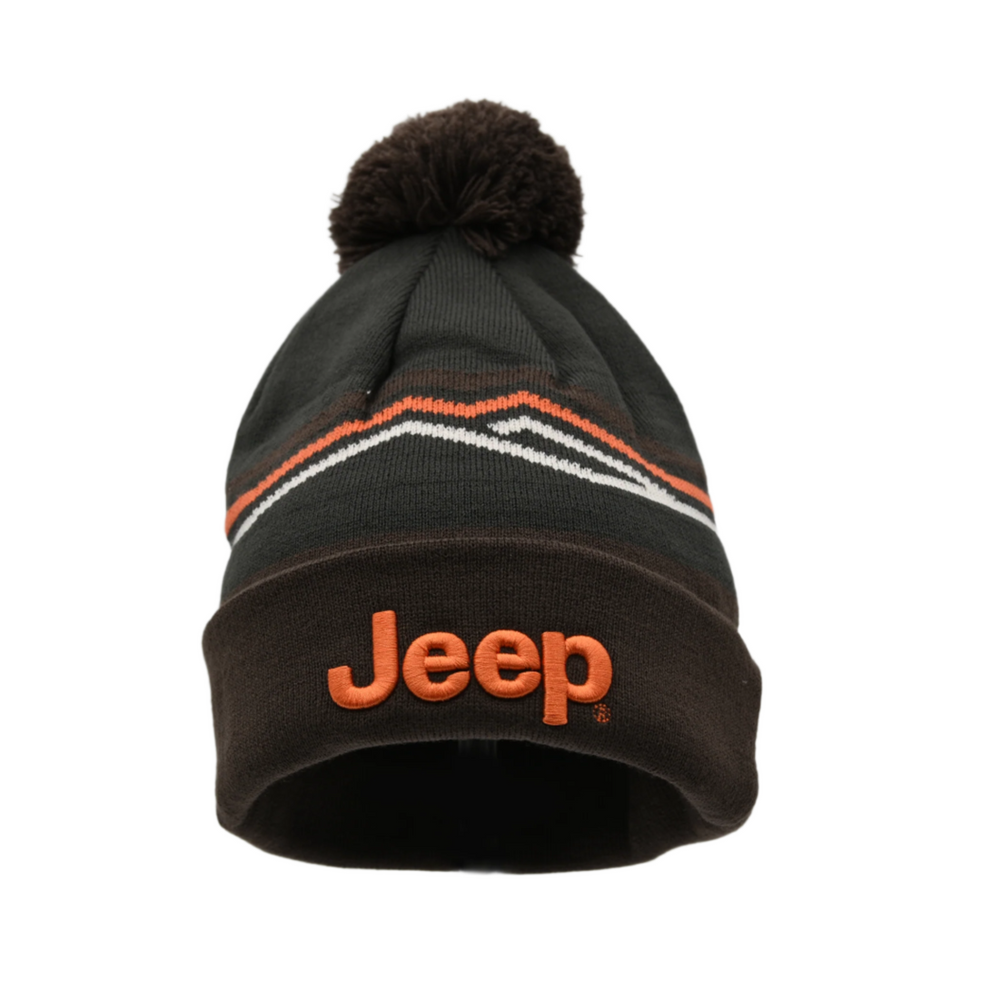 Brown Jeep Beanie wJeep Logo and Mountain Stripes with Brown Poof top