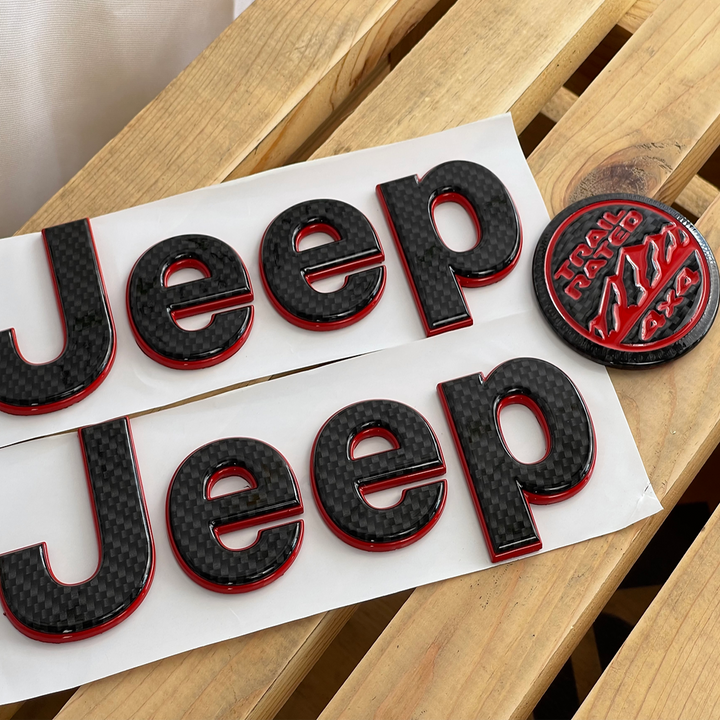Distinction Applied custom nameplate and trail rated badge hydrographic black carbon and firecracker Red Gloss Finish