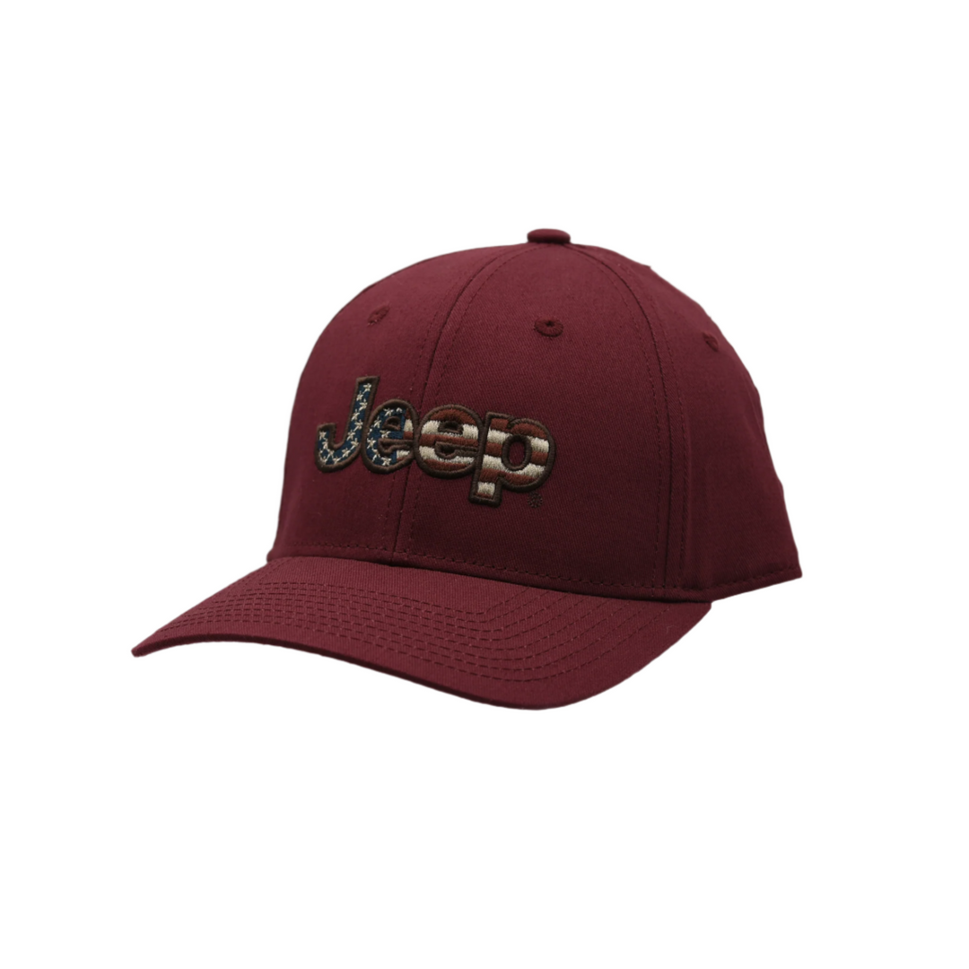 American Flag Embroidered Jeep Logo on Maroon Baseball Cap