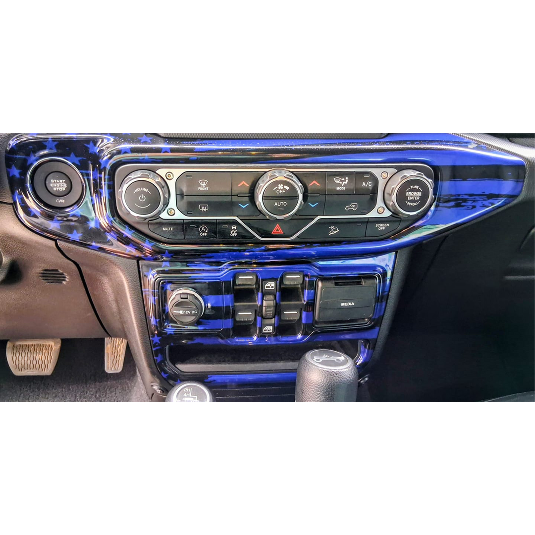 Wrangler JL AC Window Switch Bezel painted in ocean blue with tattered flag graphic overlay 