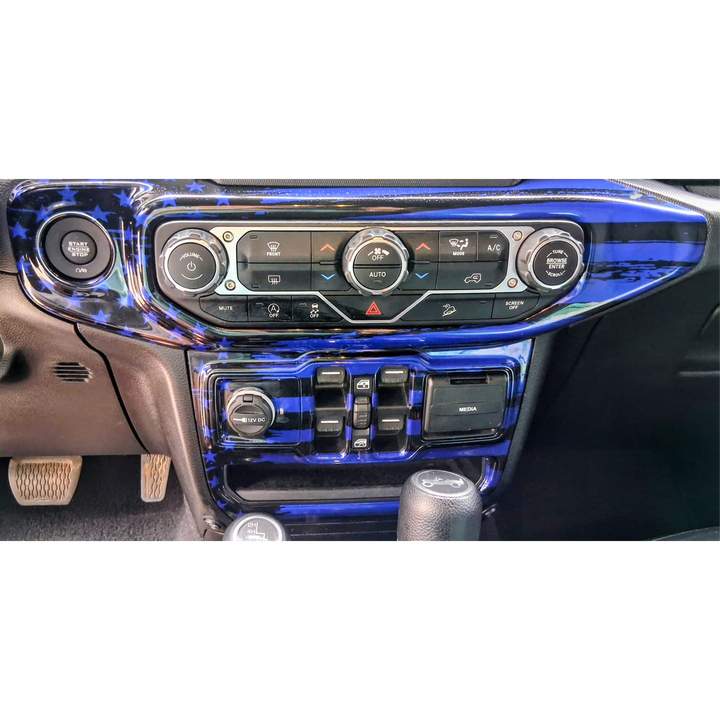 Wrangler JL AC Window Switch Bezel painted in ocean blue with tattered flag graphic overlay 