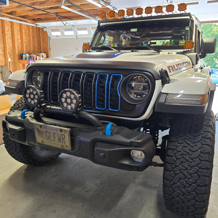 '24 Aftermarket Jeep Grille Unpainted with two trim slots in OEM  4xe electric blue 