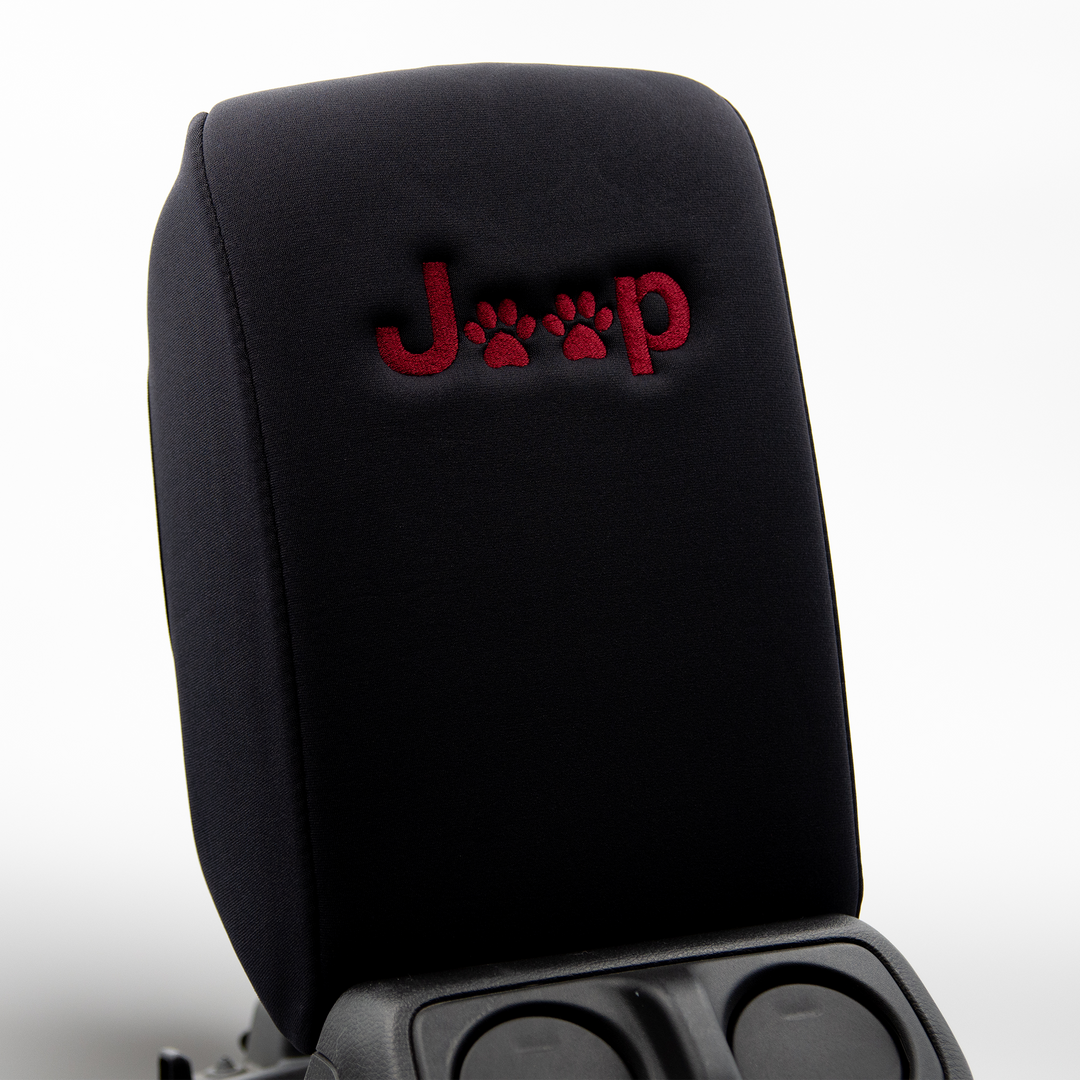 Black console cover Paw Print in Deep Red Jeep logo -closest to Snazzberry Pearl