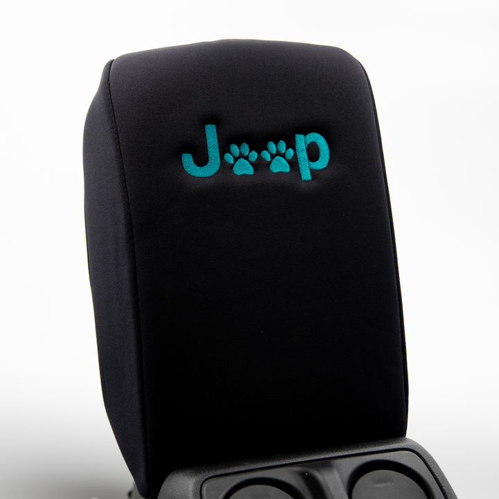 Black console cover Paw Print in Teal Jeep logo - closest to Bikini Pearl