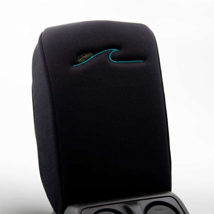 Black Armrest Cover with Army Green Jeep driving a blue wave