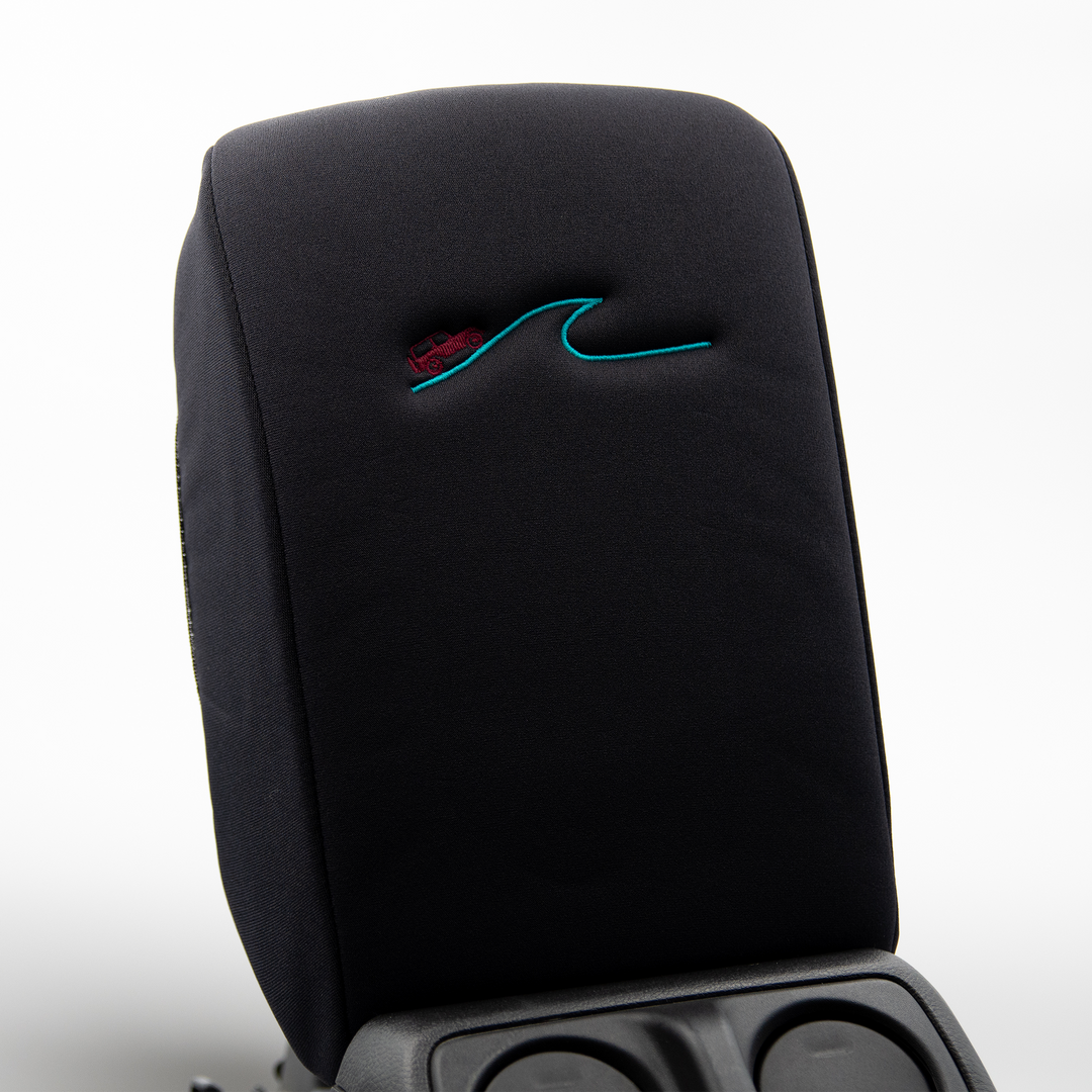 Black Armrest Cover with Deep Red Jeep driving a blue wave