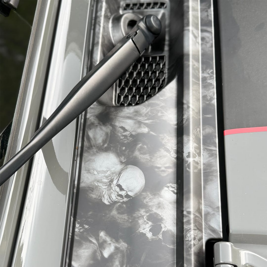 close-up of Skullz graphic with base black cowl wiper panel on Jeep